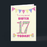 For Sister 17th Birthday Primrose and Bunting Card<br><div class="desc">A pretty 17th Birthday card for your sister, with polka dot bunting, primrose flowers and numbers filled with a primrose pattern, all on a pale yellow check gingham background. The front cover message is, 'To a very special SISTER 17 TODAY!' The inside message is just a suggestion and you can...</div>