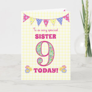 For Sister 9th Birthday Primroses Bunting Card