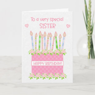 For Sister Birthday Cake Hearts and Roses Card