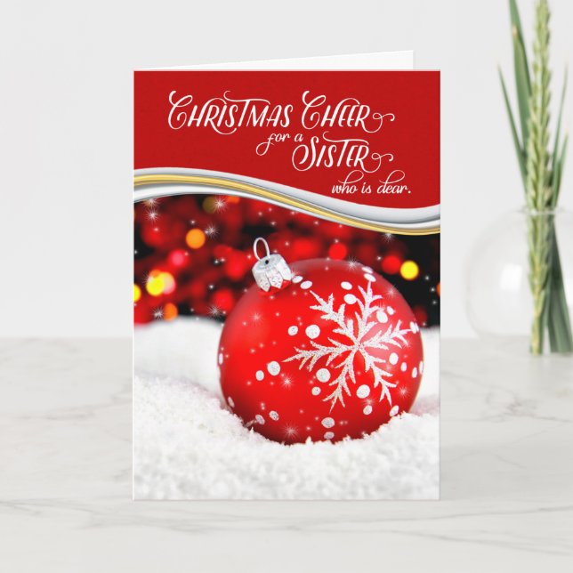 for Sister Christmas Cheer Red Snowflake Ornament Holiday Card (Front)