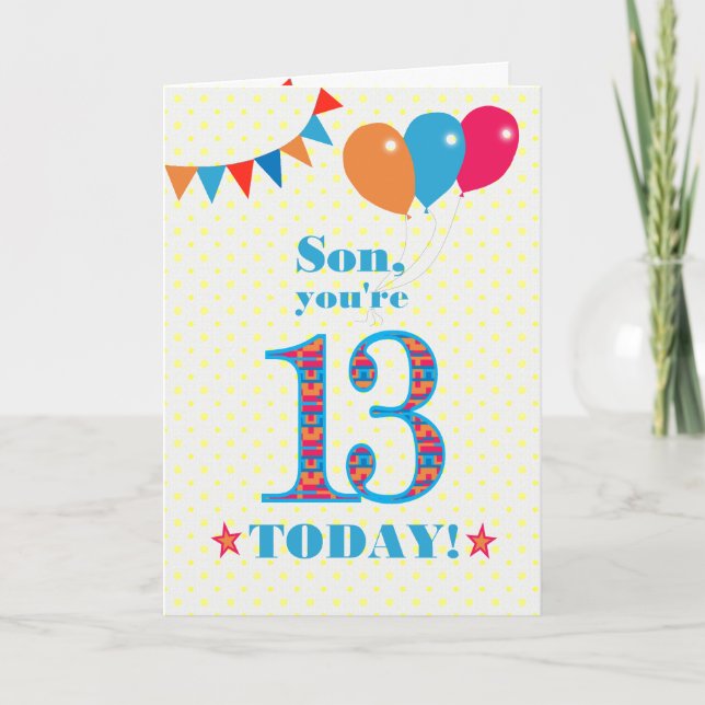 For Son 13th Birthday Bunting Balloons Card (Front)