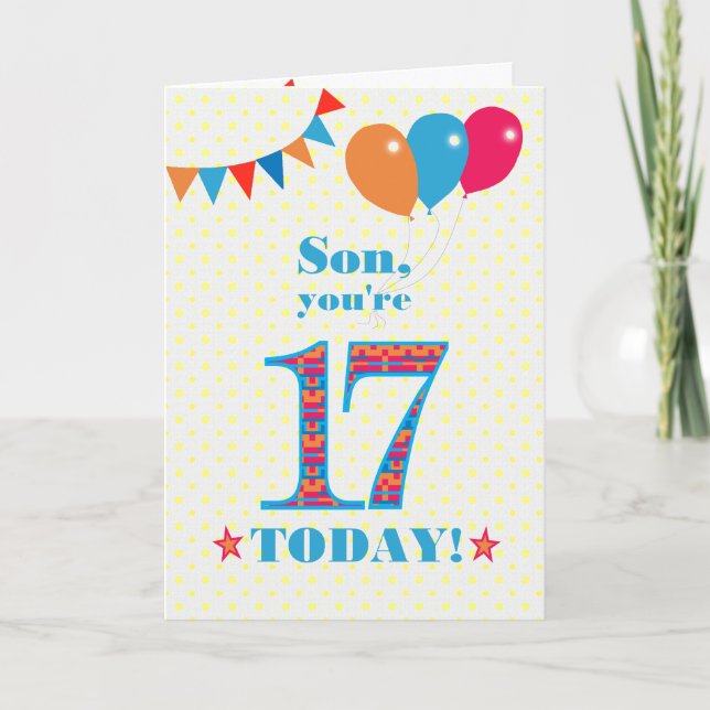 For Son 17th Birthday Bunting and Balloons Card (Front)