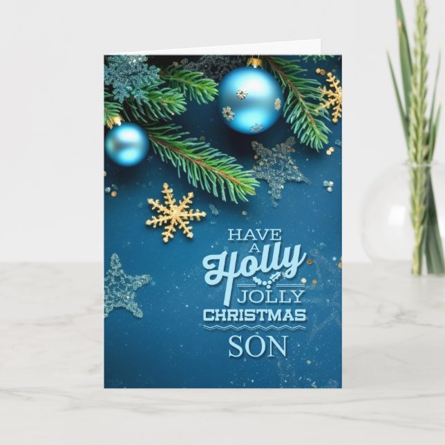 for Son Blue Holly Jolly Christmas Ornament Holiday Card (Front)