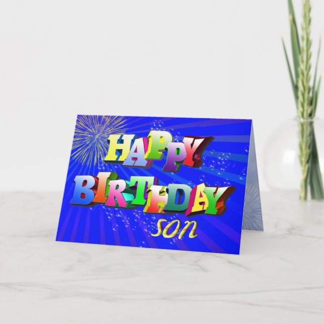 For son, Bright letters and bubbles birthday card (Front)