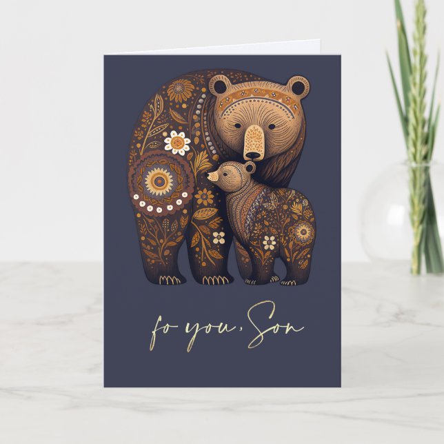For Son on Father's Day Cute Bears Folk Art Card (Front)