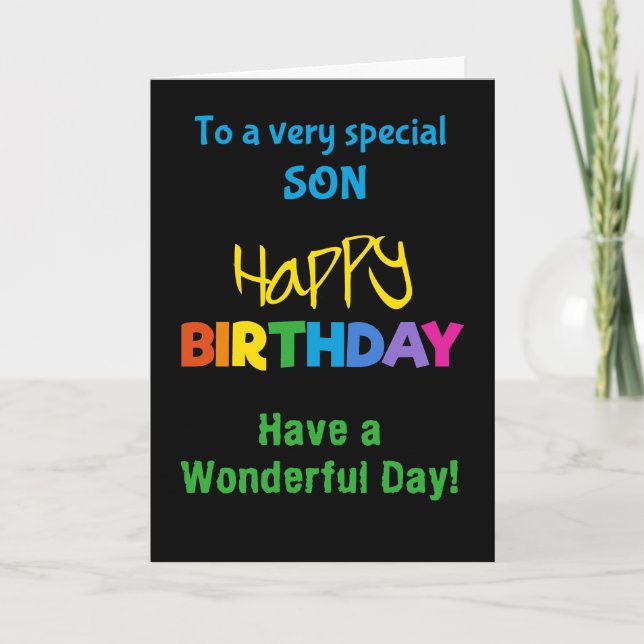 For Son Rainbow Colours on Black Birthday Card (Front)