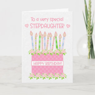 For Stepdaughter Birthday Cake Hearts Roses Card