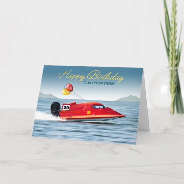 For Stepson 20th Birthday High Performance Boat Card (Front)