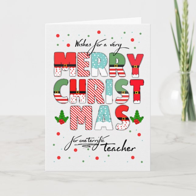 for Teacher Merry Christmas Decorated Lettering Holiday Card (Front)