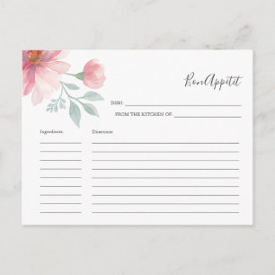 For the Bride Recipe Card Pink Watercolor Flowers