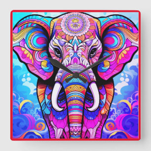 For the Nursery a Colourful Elephant on a Charming Square Wall Clock