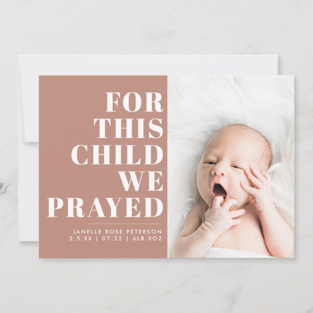 For This Child We Prayed Scripture Tan Photo Birth Announcement (Front)