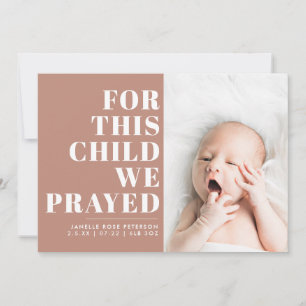 For This Child We Prayed Scripture Tan Photo Birth Announcement