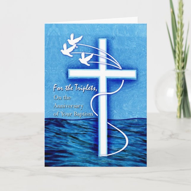 For Triplets Anniversary of Baptism Dove and Cross Card (Front)