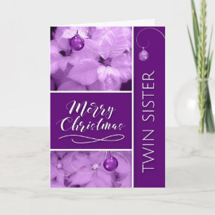 for Twin Sister Christmas Purple Poinsetta Holiday Card
