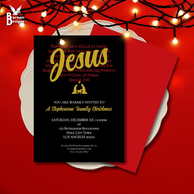FOR UNTO US Christmas Party Invitation (Stylish FOR UNTO US Christian Christmas invitation with Bible Verse and nativity in black red gold)