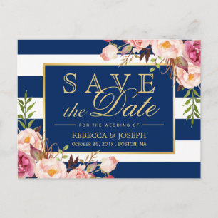 (for USPS) Floral Navy Blue Stripes Save the Date Announcement Postcard
