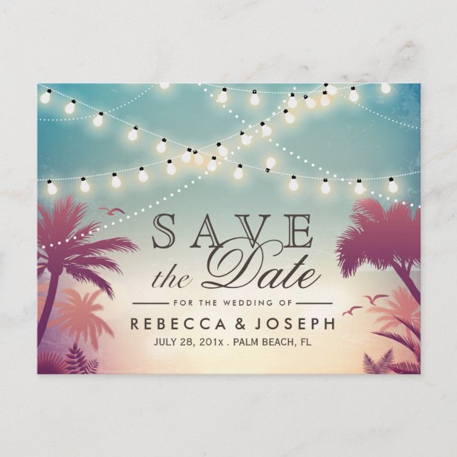 (for USPS) Palm Beach String Lights Save the Date Announcement Postcard (Front)