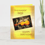 For wife, a musical birthday card with a violin<br><div class="desc">A musical card featuring a violin lying on silk. In the background is a page of sheet music. See the whole range of cards for ages and relationships in my store. All artwork copyright Norma Cornes</div>