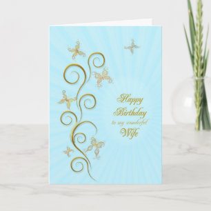 For wife, Birthday with golden butterflies Card