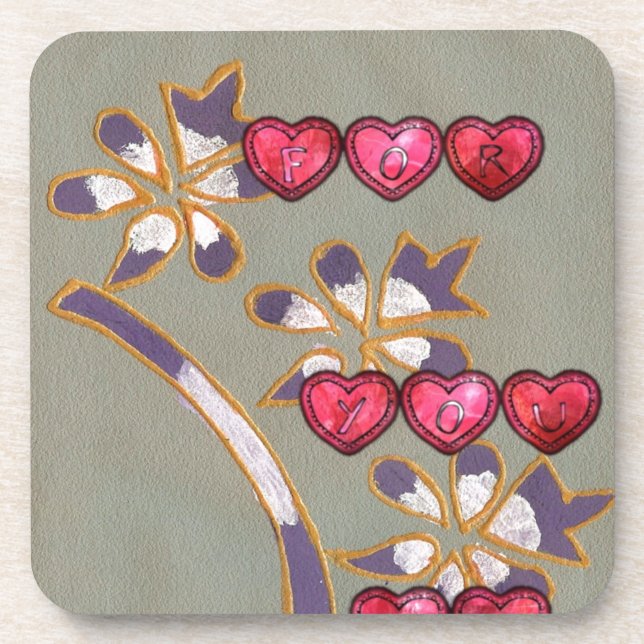For You From Me: Beautiful Floral Hearts Design Coaster (Front)