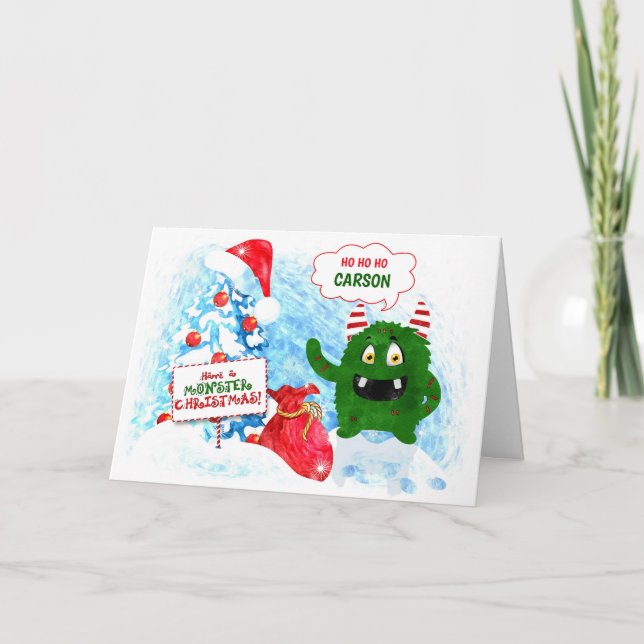 for Young Child Monster Christmas Custom Name Holiday Card (Front)