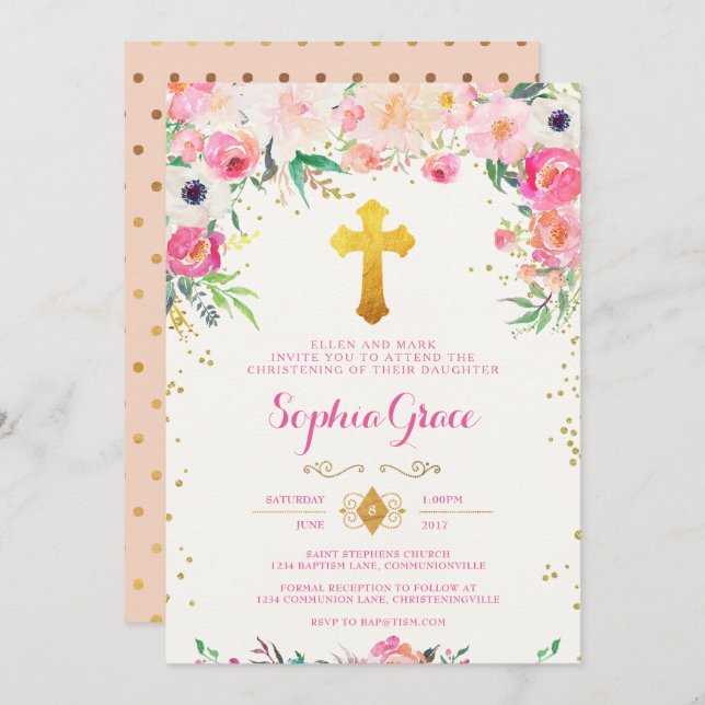 Foral and Gold Cross Christening Invitation (Front/Back)
