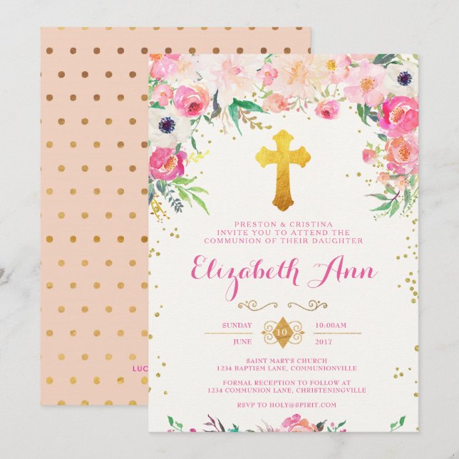 Foral and Gold Cross Communion Invitation (Front/Back)