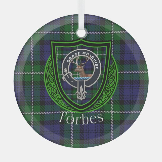 Forbes Scottish Clan Tartan & Crest Glass Tree Decoration (Front)