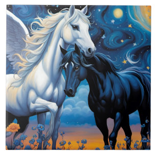 Forbidden Love. Pegasus and Horse in flowers Ceramic Tile