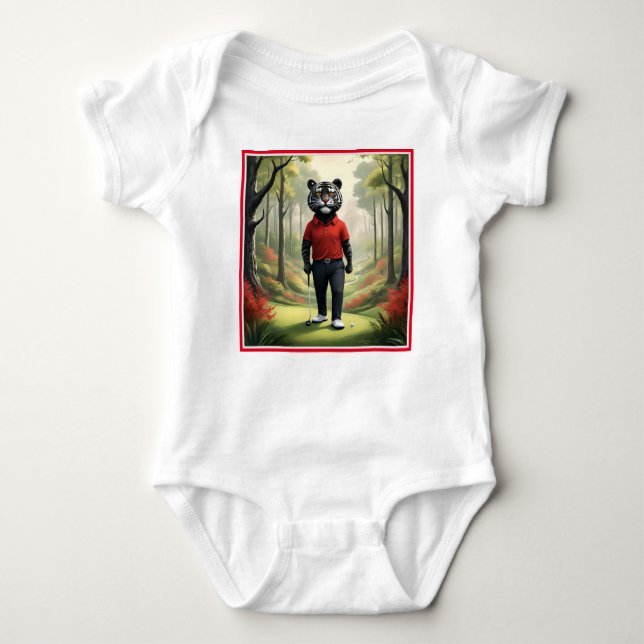 "Fore! A Black Tiger Playing Golf in the Woods" Baby Bodysuit (Front)
