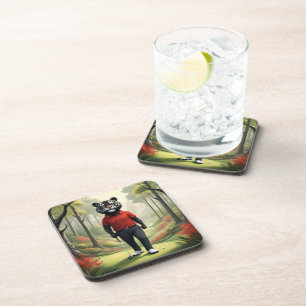 "Fore! A Black Tiger Playing Golf in the Woods" Coaster