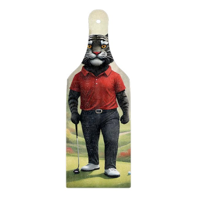 "Fore! A Black Tiger Playing Golf in the Woods" Cutting Board (Front)