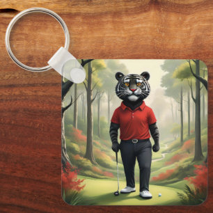 "Fore! A Black Tiger Playing Golf in the Woods" Key Ring