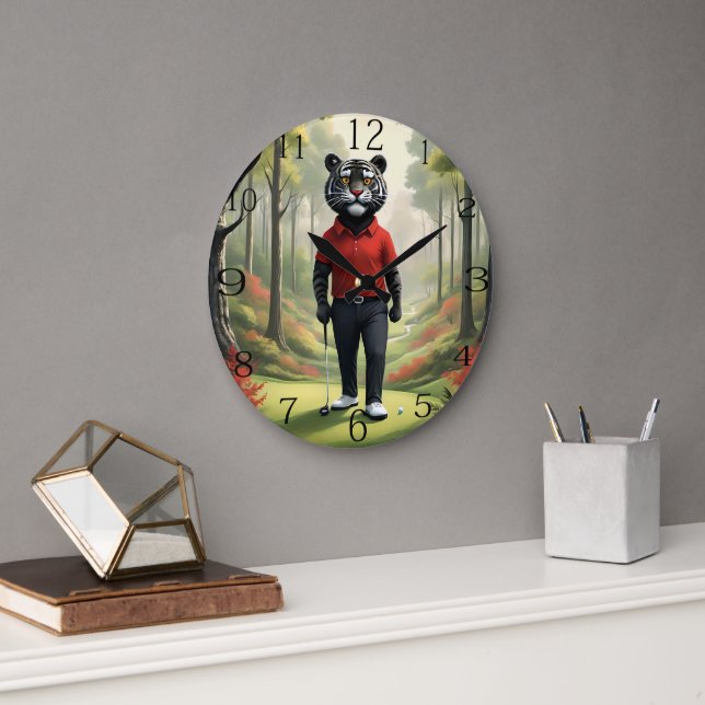 "Fore! A Black Tiger Playing Golf in the Woods" Large Clock (Office)