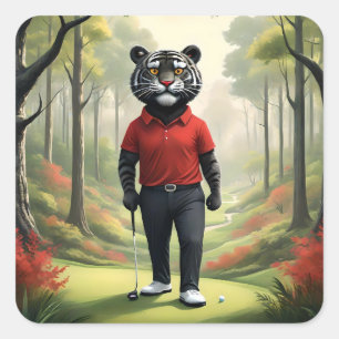 "Fore! A Black Tiger Playing Golf in the Woods" Square Sticker