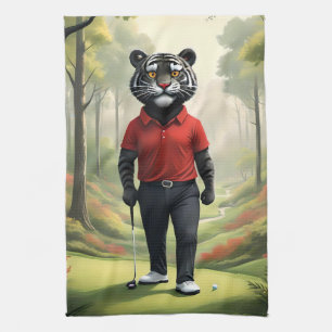 "Fore! A Black Tiger Playing Golf in the Woods" Tea Towel