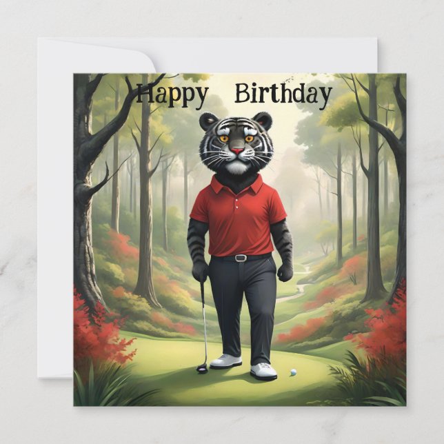 Fore: A Tiger Playing Golf, Flat Birthday Card (Front)
