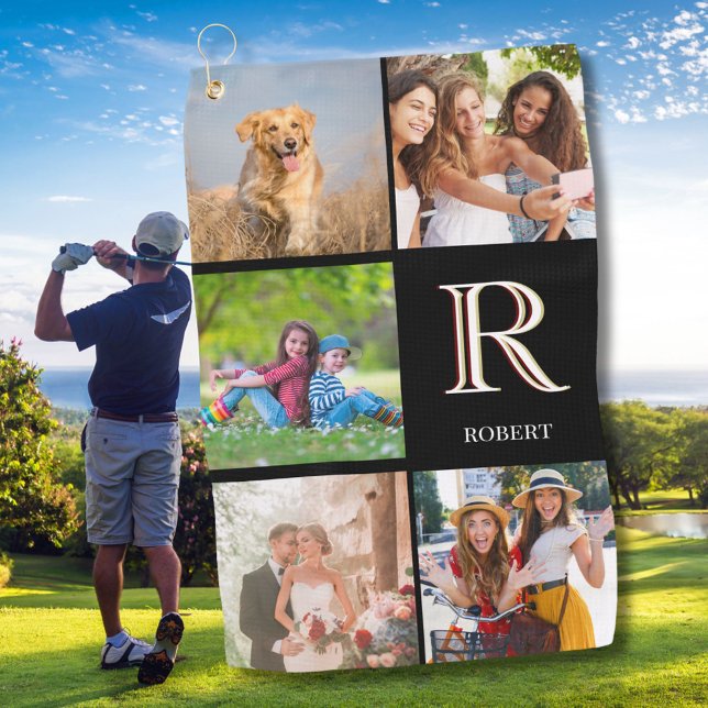 Fore Dad Photo Collage Custom Monogram Name   Golf Towel (Creator Uploaded)