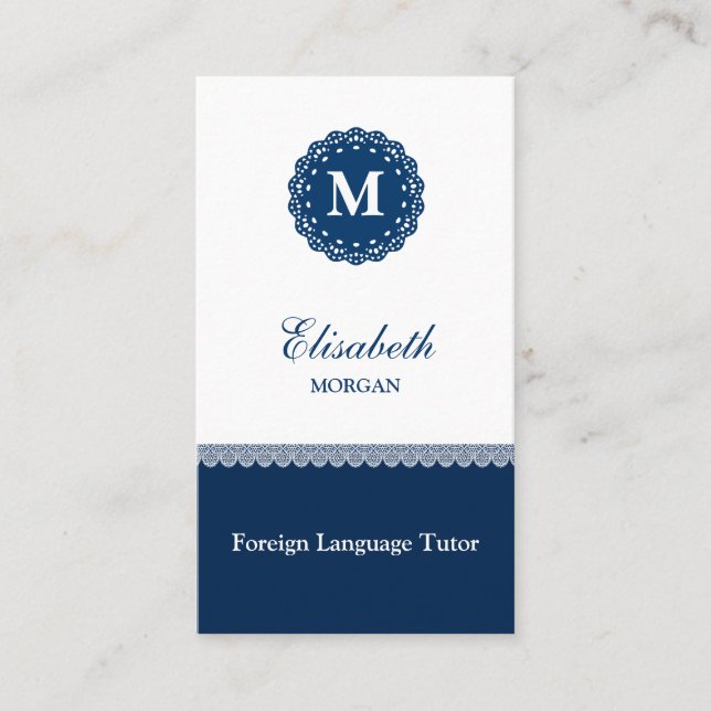 Foreign Language Tutor Elegant Blue Lace Monogram Business Card (Front)
