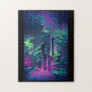 Forest abstract graphic art pink and green jigsaw puzzle