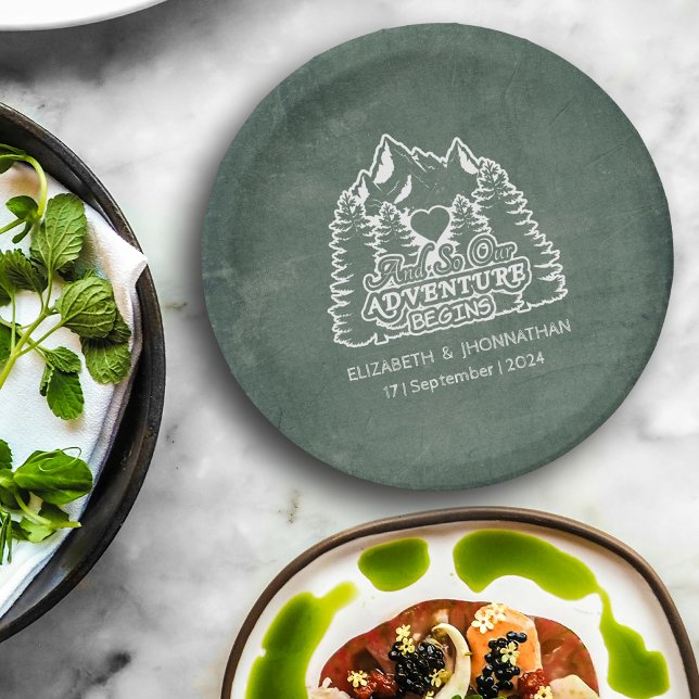Forest Adventure Begins Quote Rustic Green Wedding Paper Plate (Creator Uploaded)