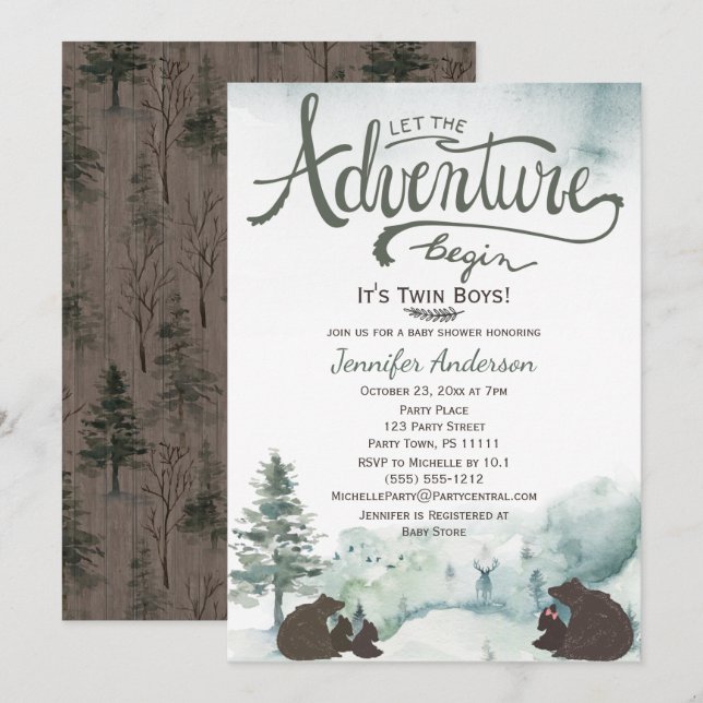 Forest Adventure Boy Country Twin Bears w/ Sister Invitation (Front/Back)