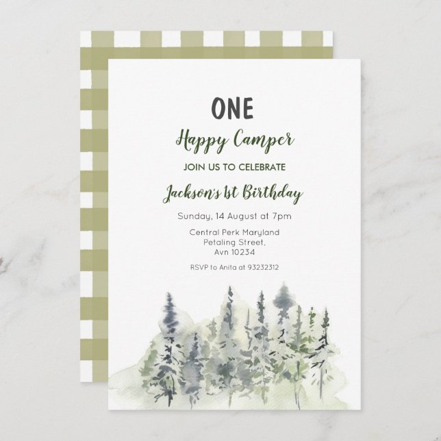 Forest adventure camper 1st birthday invitation (Front/Back)