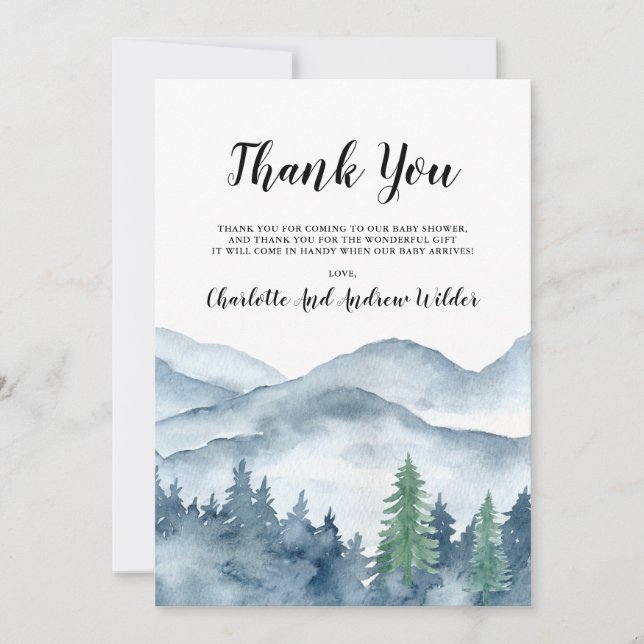 Forest Adventure Mountain Baby Shower Thank You Card (Front)