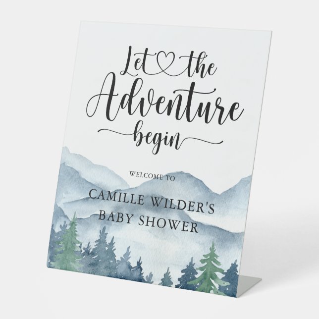Forest Adventure Mountains Baby Shower Pedestal Sign (Front)