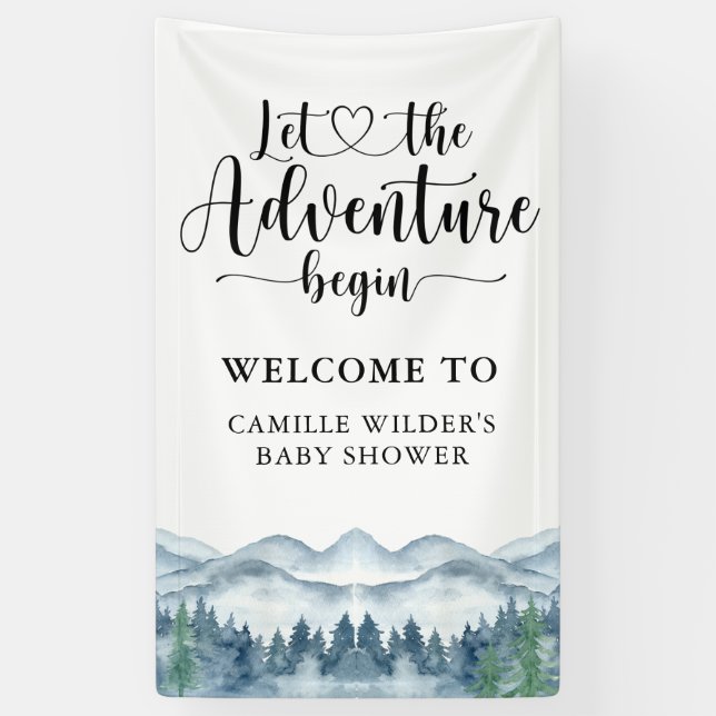 Forest Adventure Mountains Blue Baby Shower Banner (Vertical)
