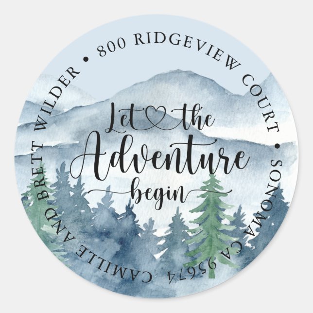 Forest Adventure Mountains Blue Baby Shower Classic Round Sticker (Front)