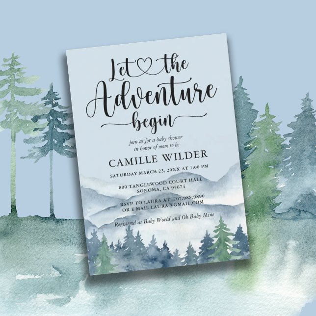 Forest Adventure Mountains Blue Baby Shower Invitation (Creator Uploaded)