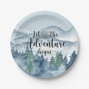 Forest Adventure Mountains Blue Baby Shower Paper Plate
